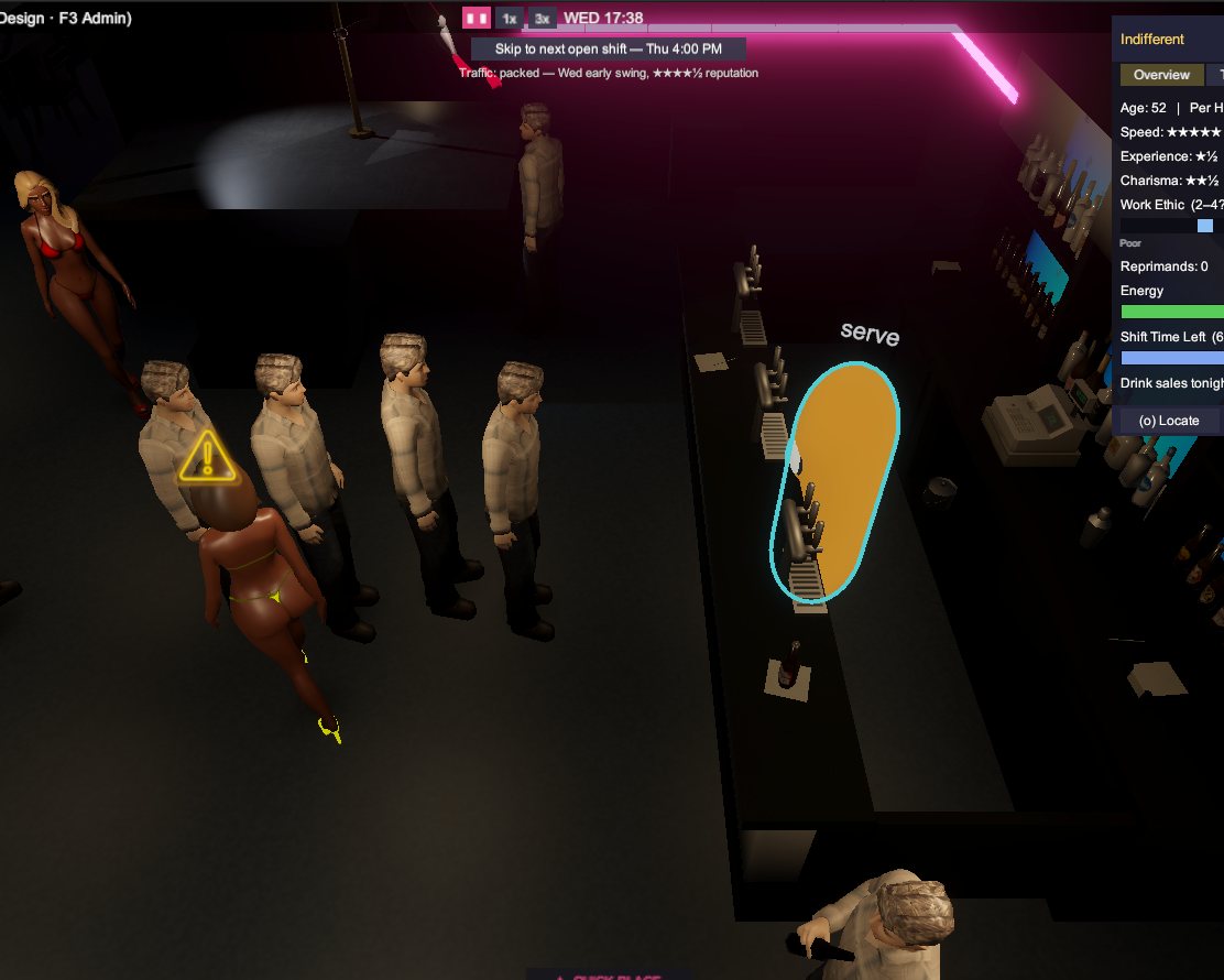 In-game bar floor: bartender serving with staff stats open